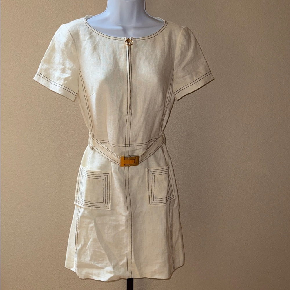 Tory Burch Nadia 100% Linen Ivory Short Sleeve Mini Dress Women’s Size 00